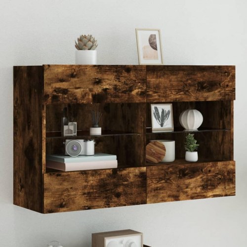 Væghængt tv-bord med LED-lys - røget egetræ, 98,5 x 30 x 60,5 cm