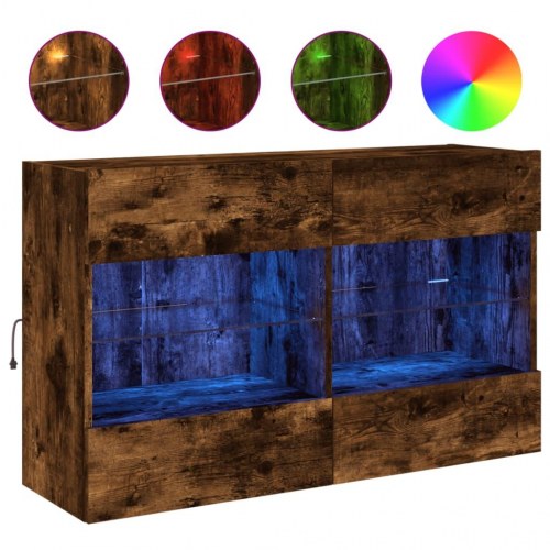 Væghængt tv-bord med LED-lys - røget egetræ, 98,5 x 30 x 60,5 cm