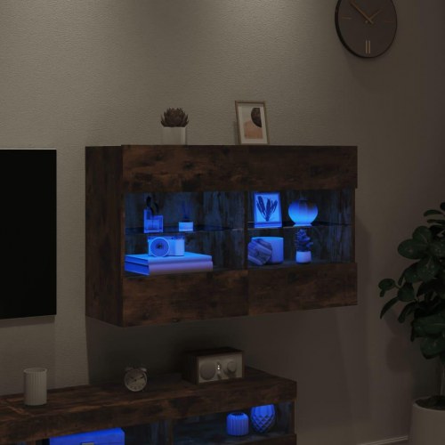 Væghængt tv-bord med LED-lys - røget egetræ, 98,5 x 30 x 60,5 cm