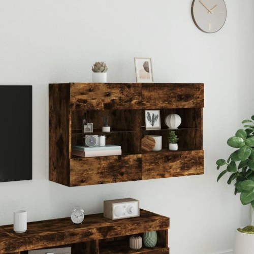 Væghængt tv-bord med LED-lys - røget egetræ, 98,5 x 30 x 60,5 cm