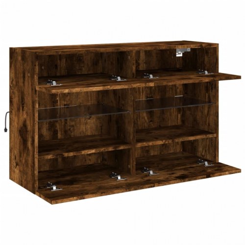 Væghængt tv-bord med LED-lys - røget egetræ, 98,5 x 30 x 60,5 cm
