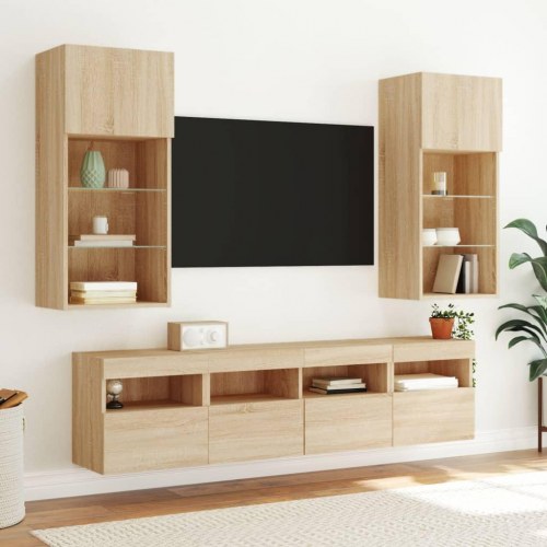 Væghængt tv-bord med LED-lys - 40x30x40 cm, sonoma-eg