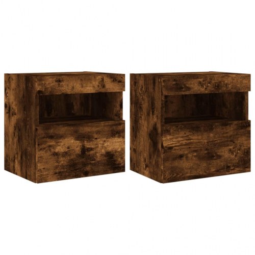 Væghængte tv-borde med LED-lys, 2 stk. - 40x30x40 cm, røget eg