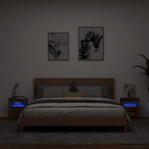Væghængte tv-borde med LED-lys, 2 stk. - 40x30x40 cm, røget eg