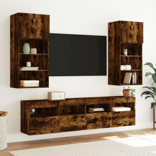 Væghængte tv-borde med LED-lys, 2 stk. - 40x30x40 cm, røget eg