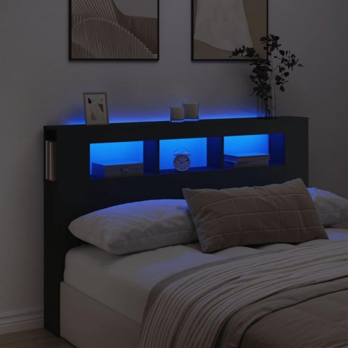 Sengegavl med LED-lys 160×18,5×103,5 cm - sort konstrueret træ