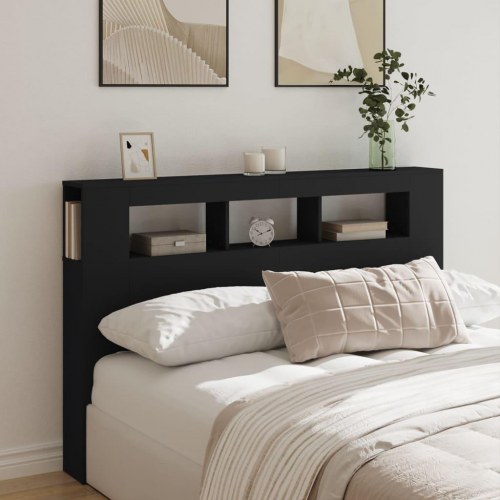Sengegavl med LED-lys 160×18,5×103,5 cm - sort konstrueret træ