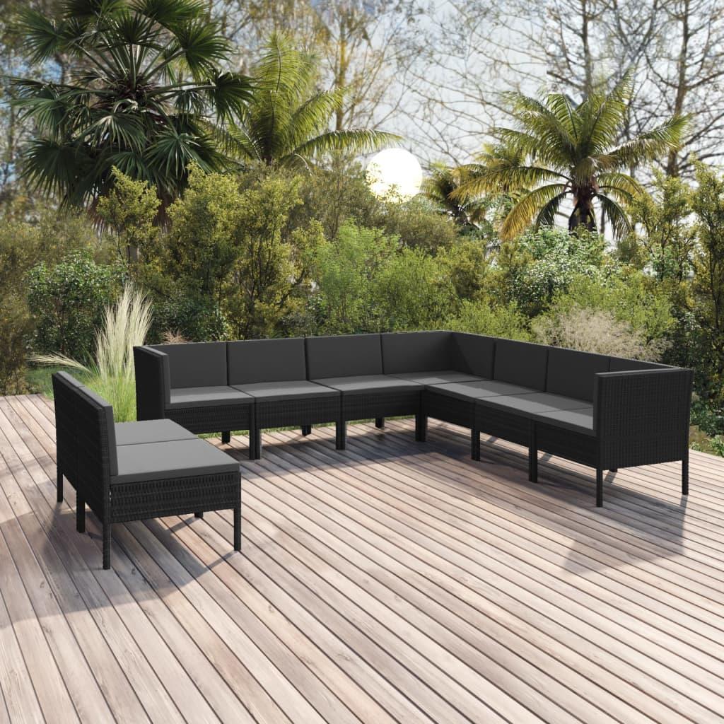 Loungesæt til haven 9 dele med hynder polyrattan sort