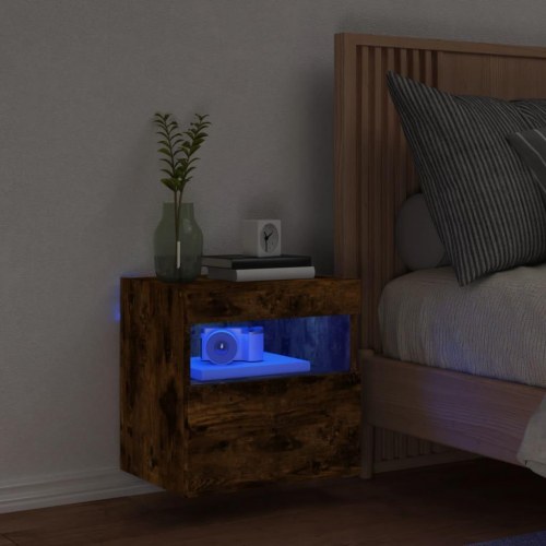 Væghængt tv-bord med LED-lys 40×30×40 cm - røget egetræsfarve