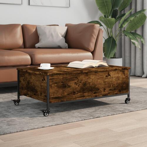Sofabord med hjul 91x55x34 cm konstrueret træ røget egetræ