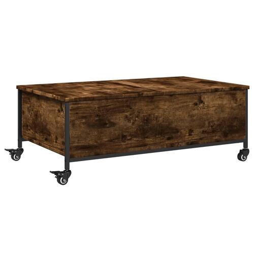 Sofabord med hjul 91x55x34 cm konstrueret træ røget egetræ