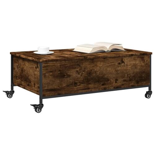 Sofabord med hjul 91x55x34 cm konstrueret træ røget egetræ
