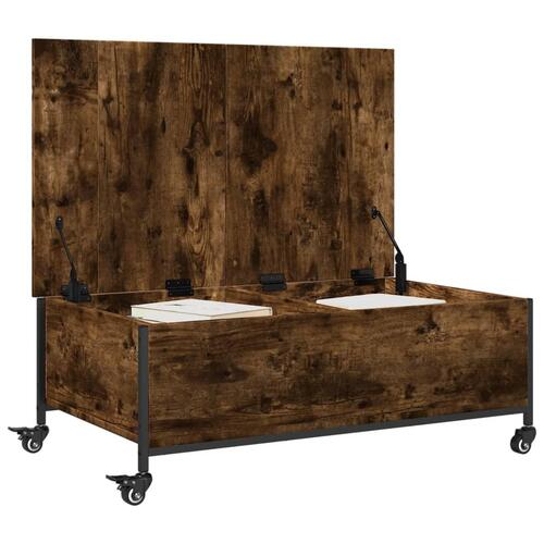 Sofabord med hjul 91x55x34 cm konstrueret træ røget egetræ
