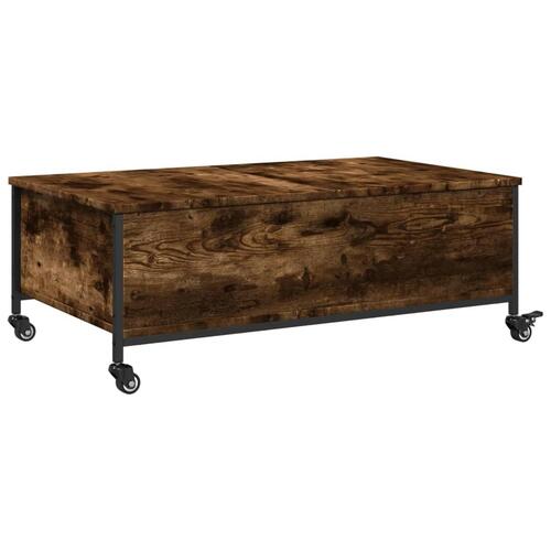 Sofabord med hjul 91x55x34 cm konstrueret træ røget egetræ