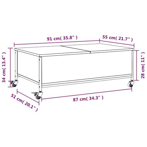 Sofabord med hjul 91x55x34 cm konstrueret træ røget egetræ