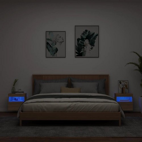 Væghængte tv-borde med LED-lys 2 stk. - 40×30×40 cm, sonoma-eg