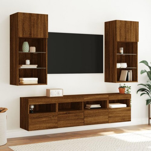Væghængt tv-bord med LED-lys 40×30×40 cm - brun egetræsfarve