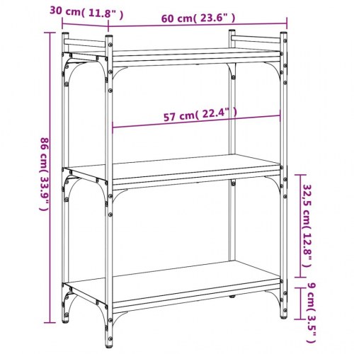 Bogreol med 3 hylder - 60×30×86 cm - konstrueret træ og metal, sort