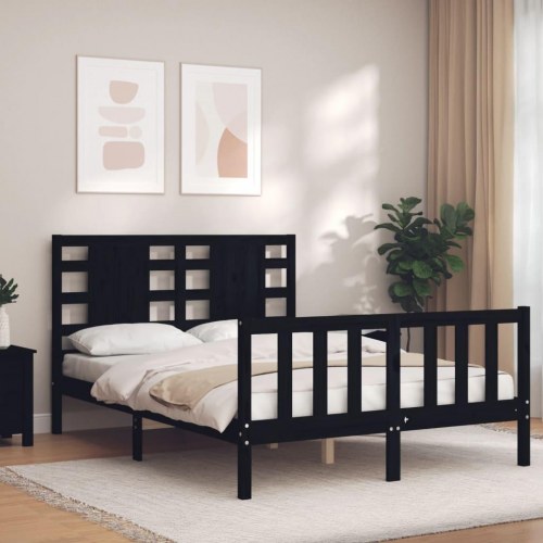 Sengeramme med sengegavl 140x190 cm massivt træ sort