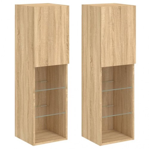 Tv-borde 2 stk. med LED-lys - 30,5 × 30 × 102 cm, sonoma-eg