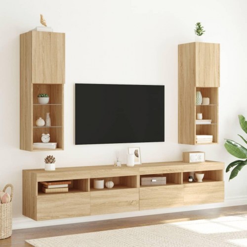Tv-borde 2 stk. med LED-lys - 30,5 × 30 × 102 cm, sonoma-eg