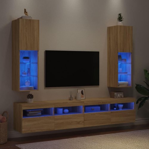 Tv-borde 2 stk. med LED-lys - 30,5 × 30 × 102 cm, sonoma-eg