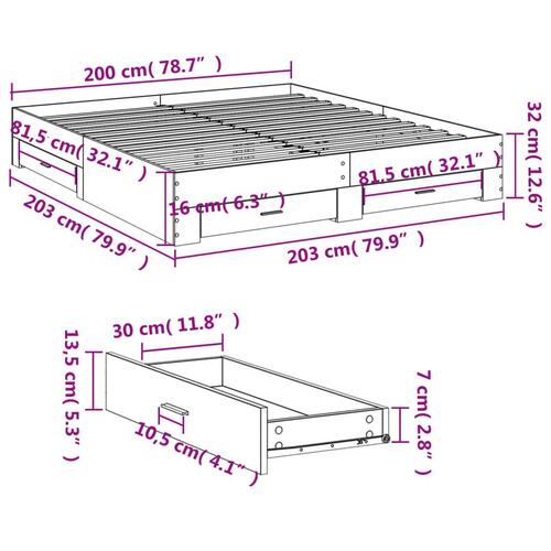 Sengeramme med skuffer 200x200 cm konstrueret træ brunt eg