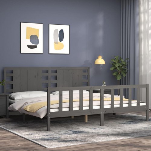 Sengeramme med sengegavl 200x200 cm massivt træ grå
