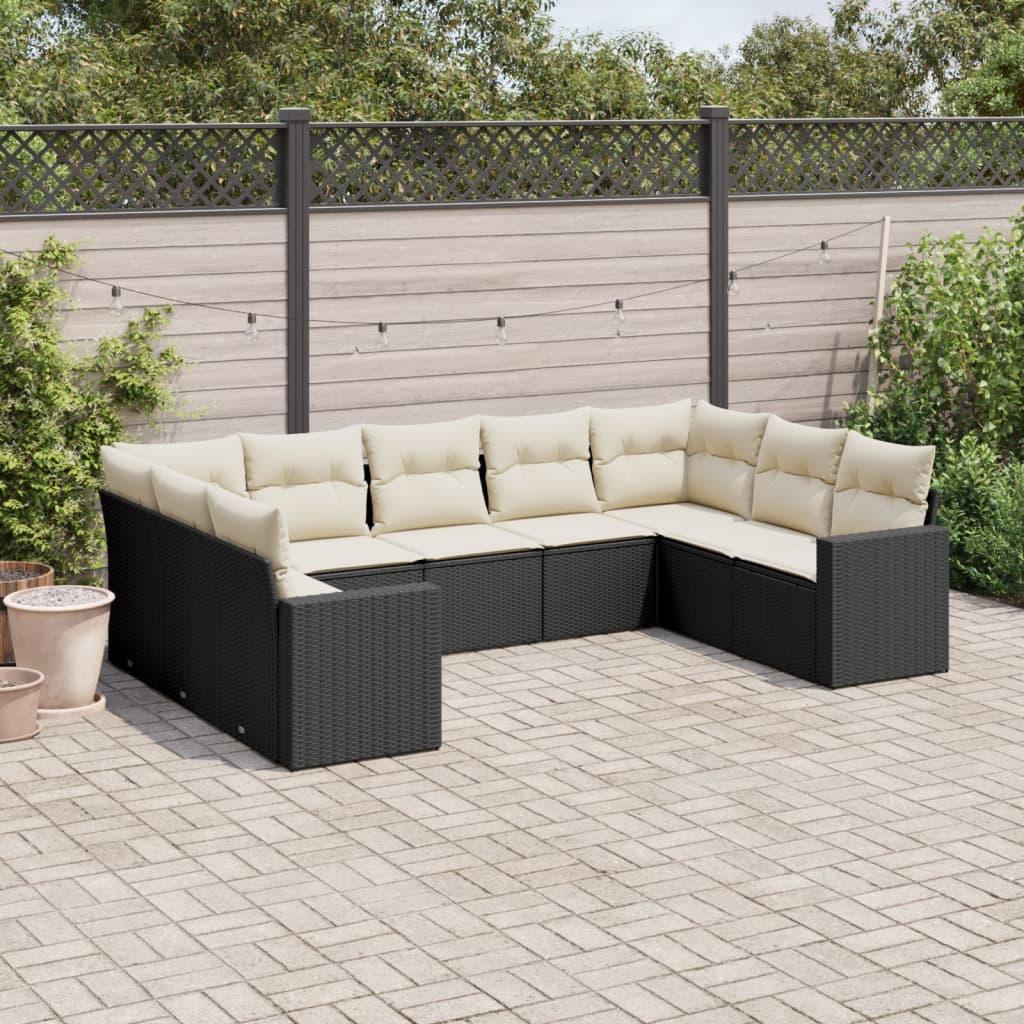 Sofasæt til haven i polyrattan - 9 dele med hynder, sort/creme