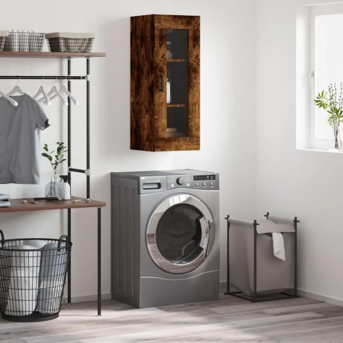 Vægskab 34,5×34×90 cm - røget egetræsfarve med glaslåge