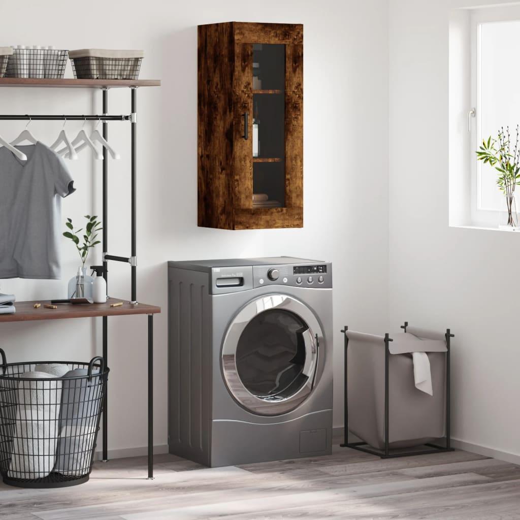Vægskab 34,5×34×90 cm - røget egetræsfarve med glaslåge