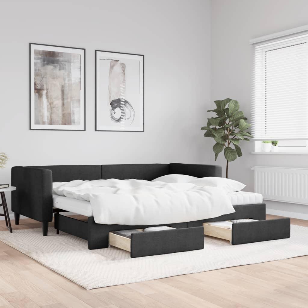 Daybed Stof Sort - med udtræk og skuffe og madras / 90 x 190 cm