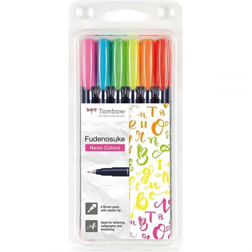 Tombow Fudenosuke fiberpenne - sæt med 6 neonfarver