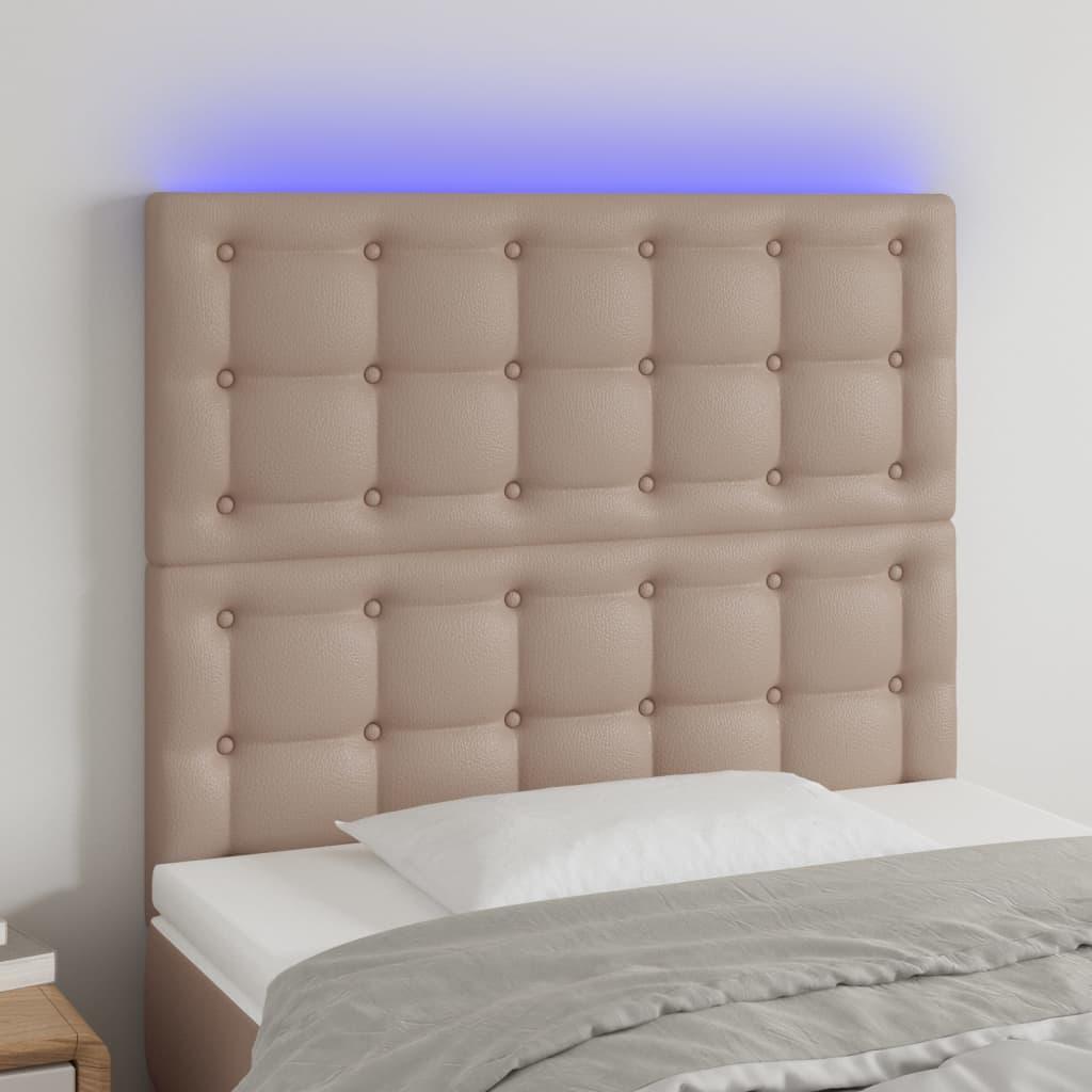 Sengegavl med LED-lys 90x5x118/128 cm kunstlæder cappuccino billede