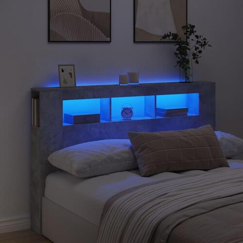 Sengegavl m. LED-lys 160x18,5x103,5 cm konstrueret træ betongrå