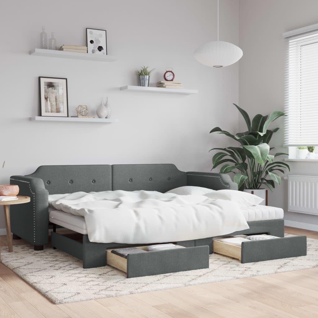 Daybed Med Udtræk Skuffer 100x200 Stof Mørkegrå