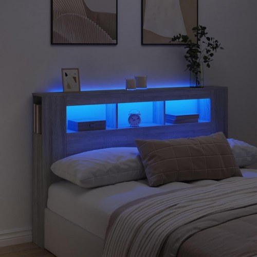 Sengegavl med LED-lys og hylder 160 × 18,5 × 103,5 cm - grå sonoma