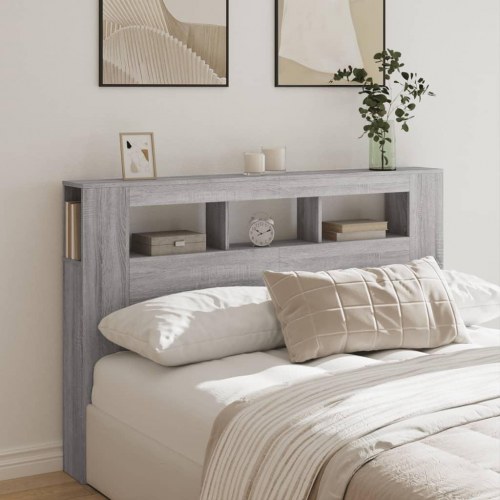 Sengegavl med LED-lys og hylder 160 × 18,5 × 103,5 cm - grå sonoma