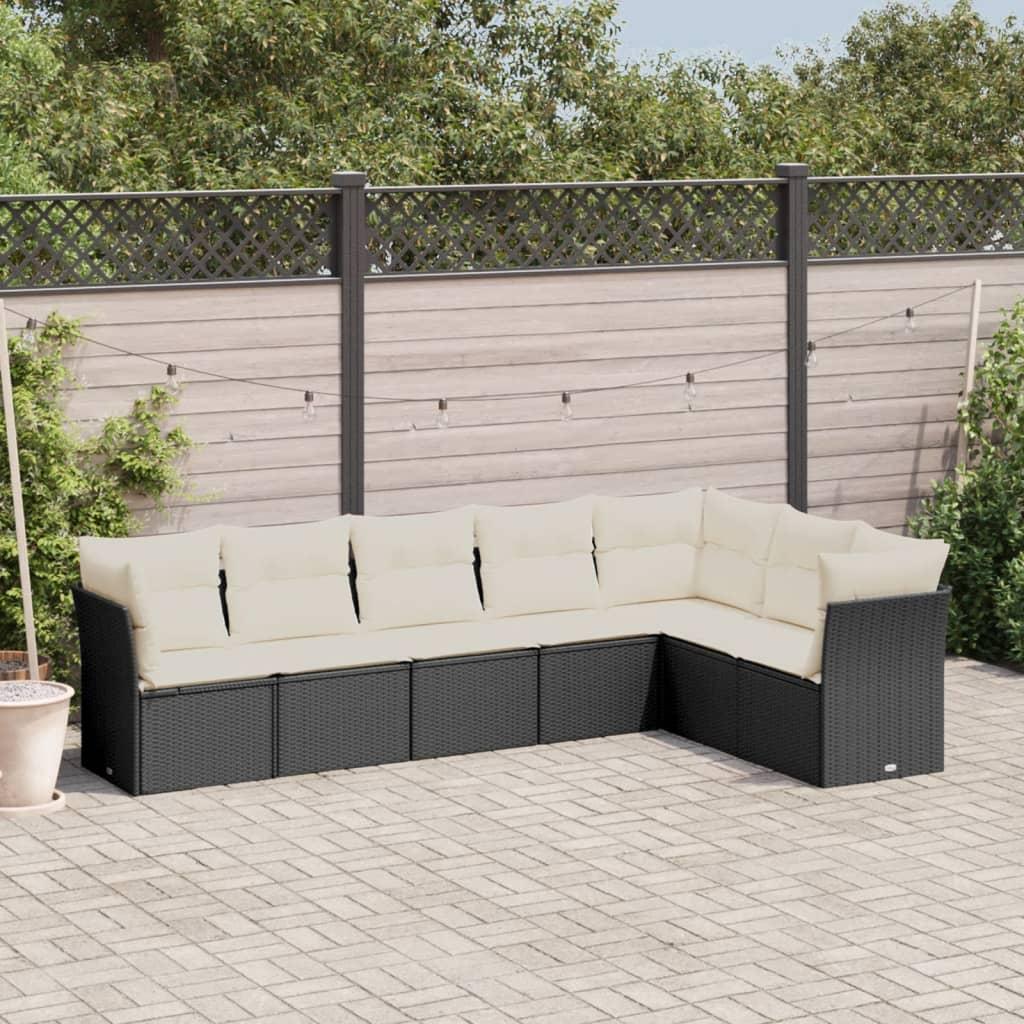 Sofasæt til haven i polyrattan - 7 dele med hynder, sort/creme