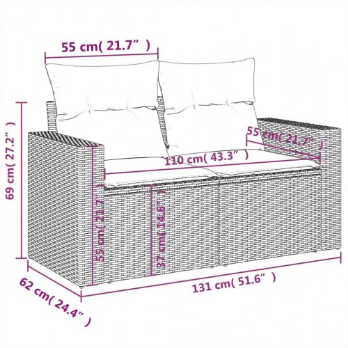 2-personers havesofa i polyrattan med hynder - brun
