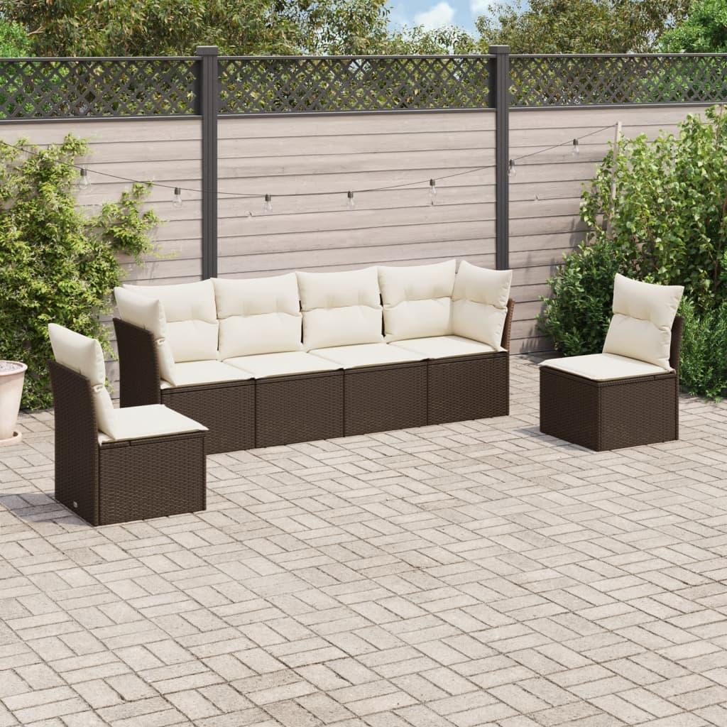 Sofasæt Til Haven 6 Dele Med Hynder Polyrattan Sort - Brun og cremefarvet / Uden bord