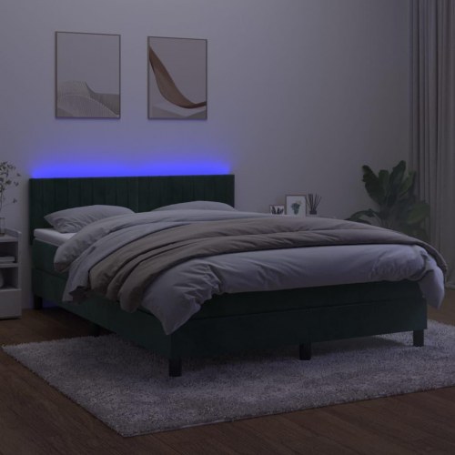 Kontinentalseng med madras og LED-lys 140x190 cm - fløjl, mørkegrøn
