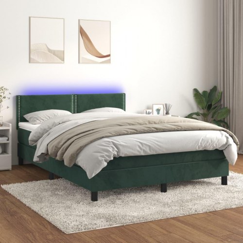 Kontinentalseng med madras og LED-lys 140x190 cm fløjl mørkegrøn