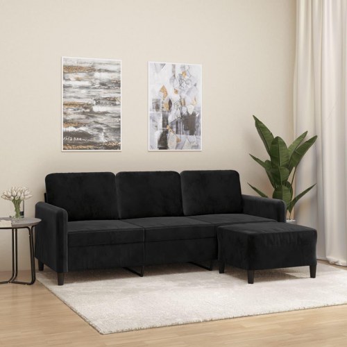 3-personers sofa med fodskammel 180 cm - velour, sort
