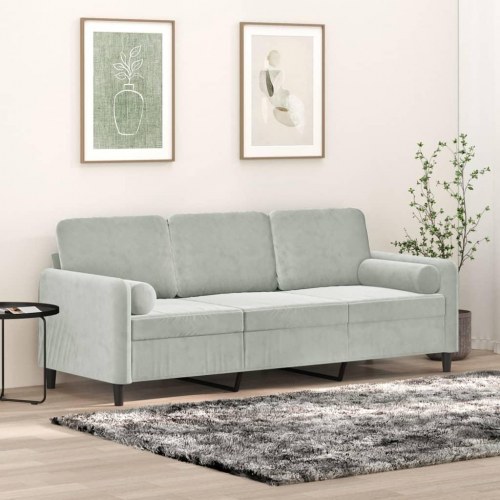 3-personers sofa i velour med pyntepuder - lysegrå, 198 cm