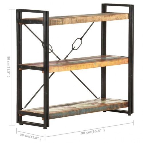 Bogreol m. 3 hylder 90x30x80 cm massivt genbrugstræ