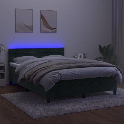 Kontinentalseng med madras og LED-lys 140×190 cm - fløjl, mørkegrøn