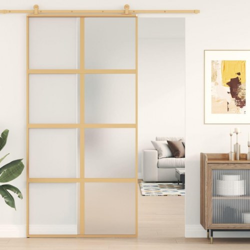 Skydedør 102,5×205 cm - matteret sikkerhedsglas, aluminium i gylden
