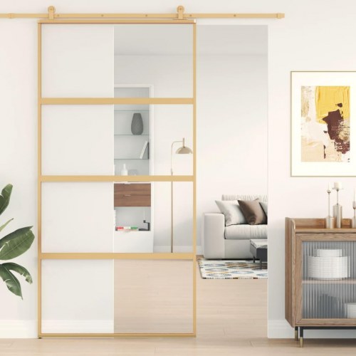 Skydedør 102,5×205 cm - klart sikkerhedsglas og gylden aluminiumsramme