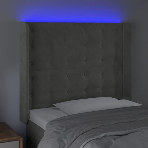Sengegavl med LED-lys 103 x 16 x 118/128 cm fløjl - lysegrå